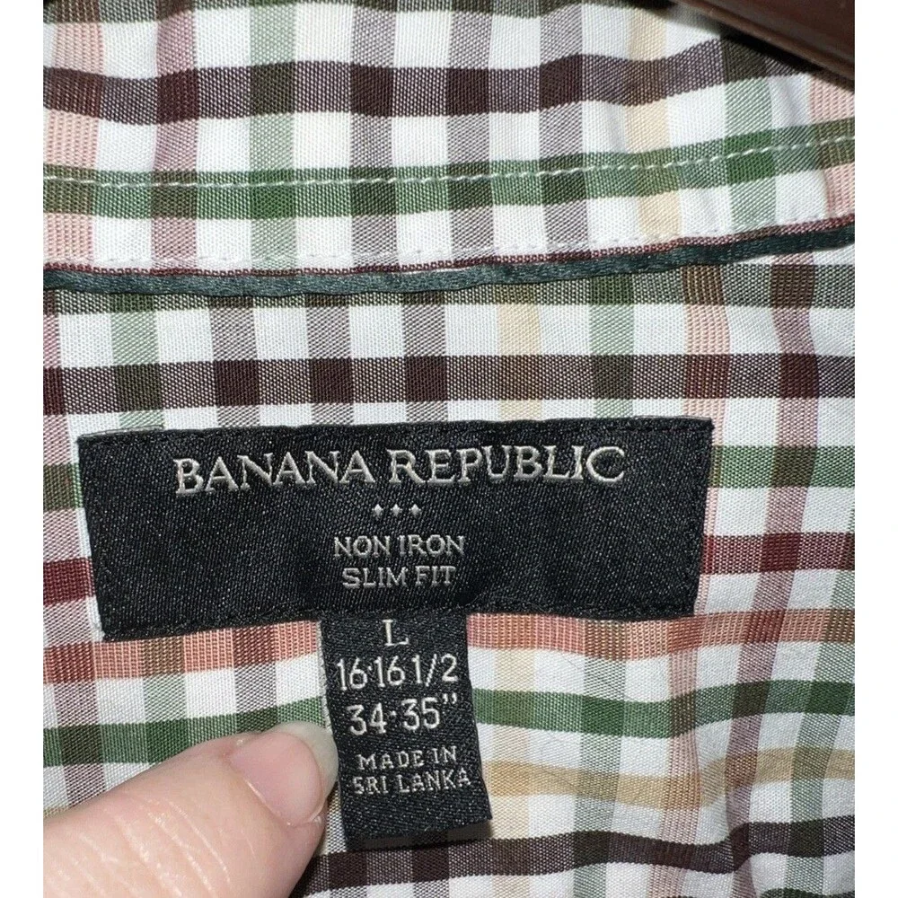 BANANA REPUBLIC Men’s Dress Shirt No Iron Slim Fit Large Brown Green White Plaid